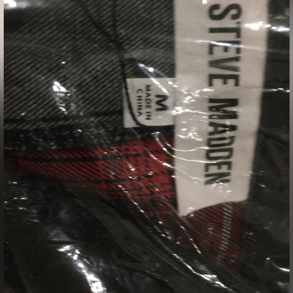 STEVE MADDEN GRUNGE RED AND BLACK BUTTON DOWN SHIRT JACKET DENIM/FLANNEL MIX PL… - Picture 12 of 12